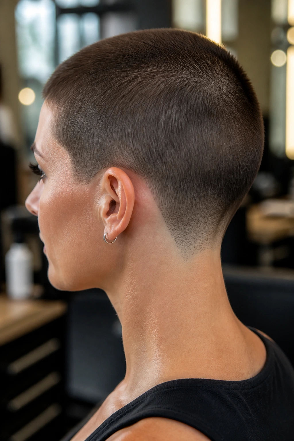Side-profile of a real woman with a clean nape-focused buzz and tapered neckline.