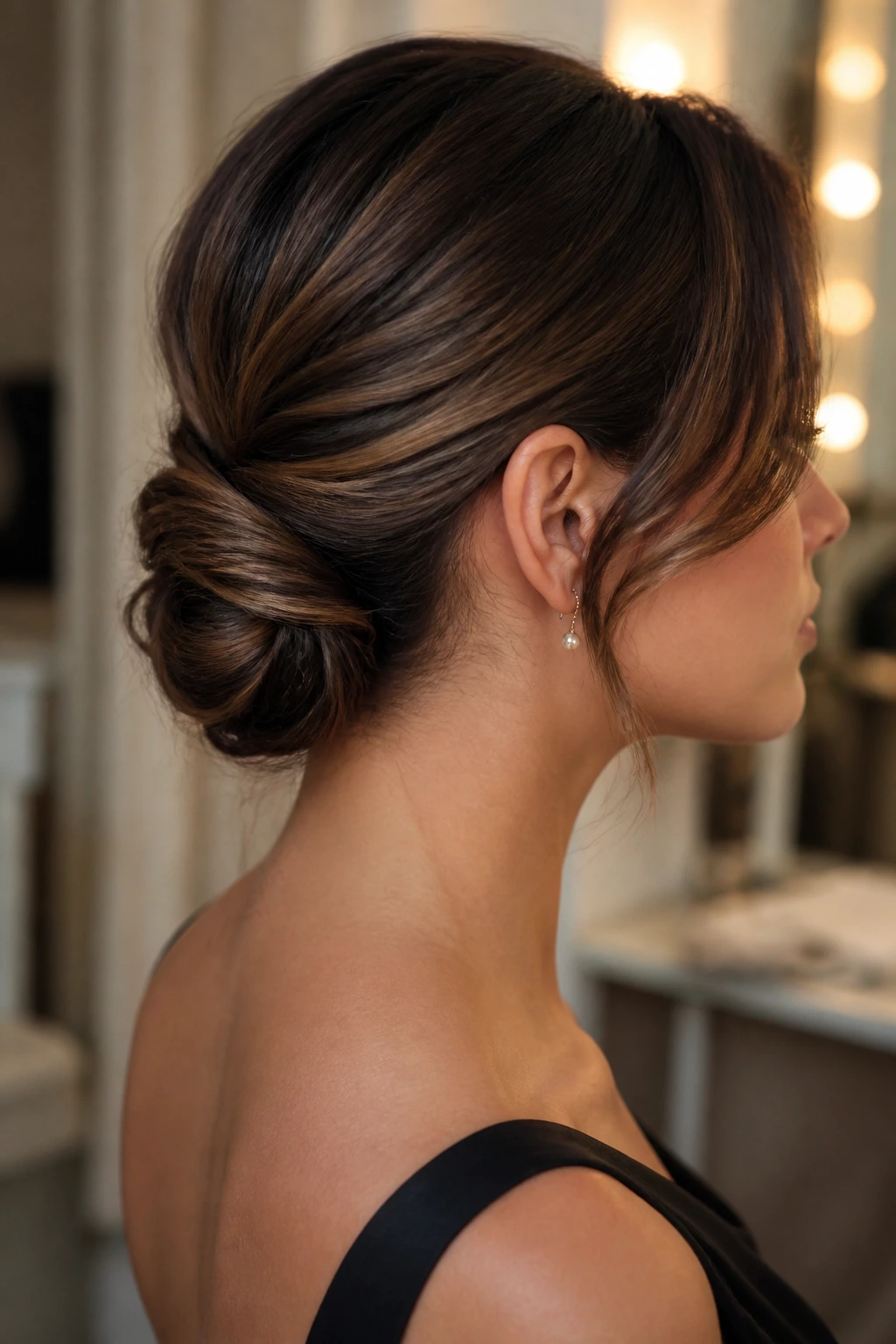 Profile of a woman with a low twisted chignon at the nape.