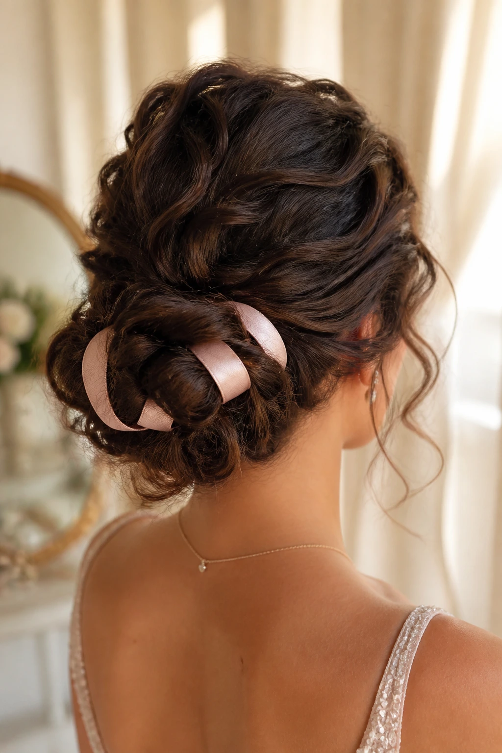 Back view of a real woman with rolled nape chignon and ribbon