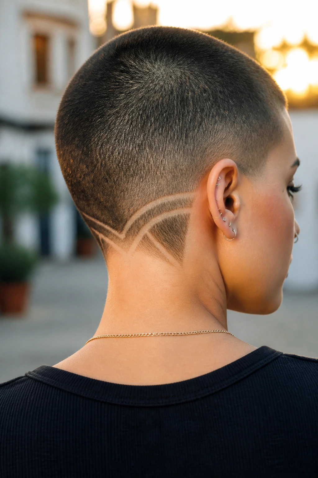 Close-up of a real person with a nape design buzz cut visible at the back of the neck
