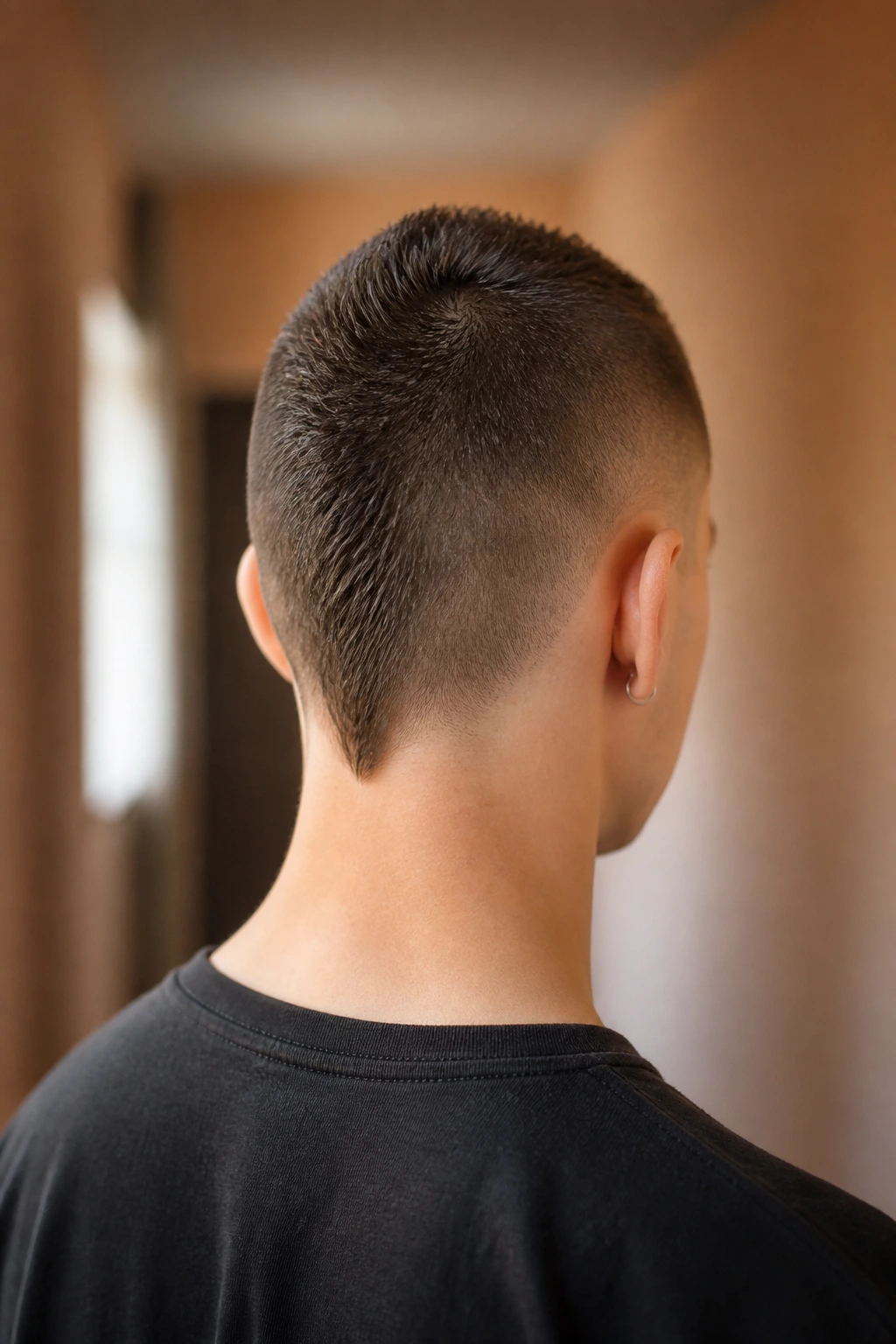 Rear three-quarter portrait of a real person showing nape-detail hawk
