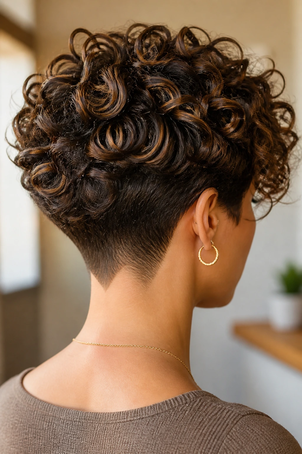 Back-of-head view showing nape-detail pixie haircut on real woman