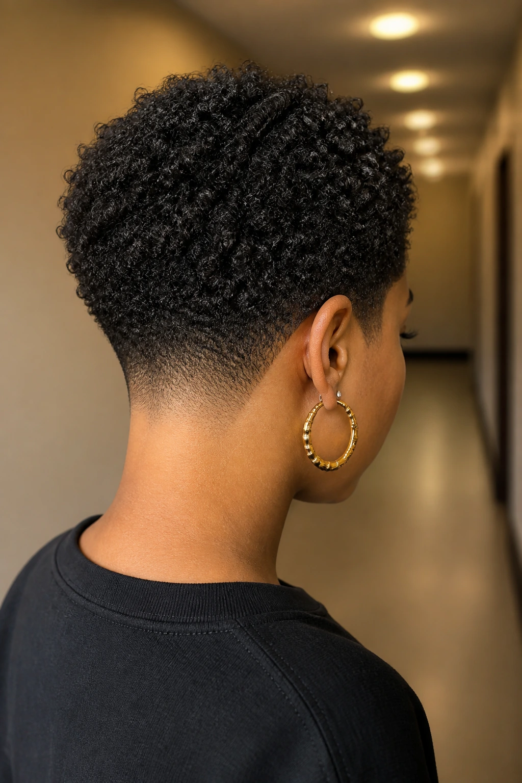 Rear three-quarter portrait of a real person with curly crop and sharp nape fade