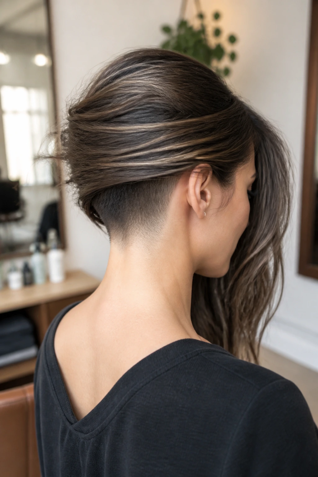 Rear three-quarter view of person with nape fade and long layers