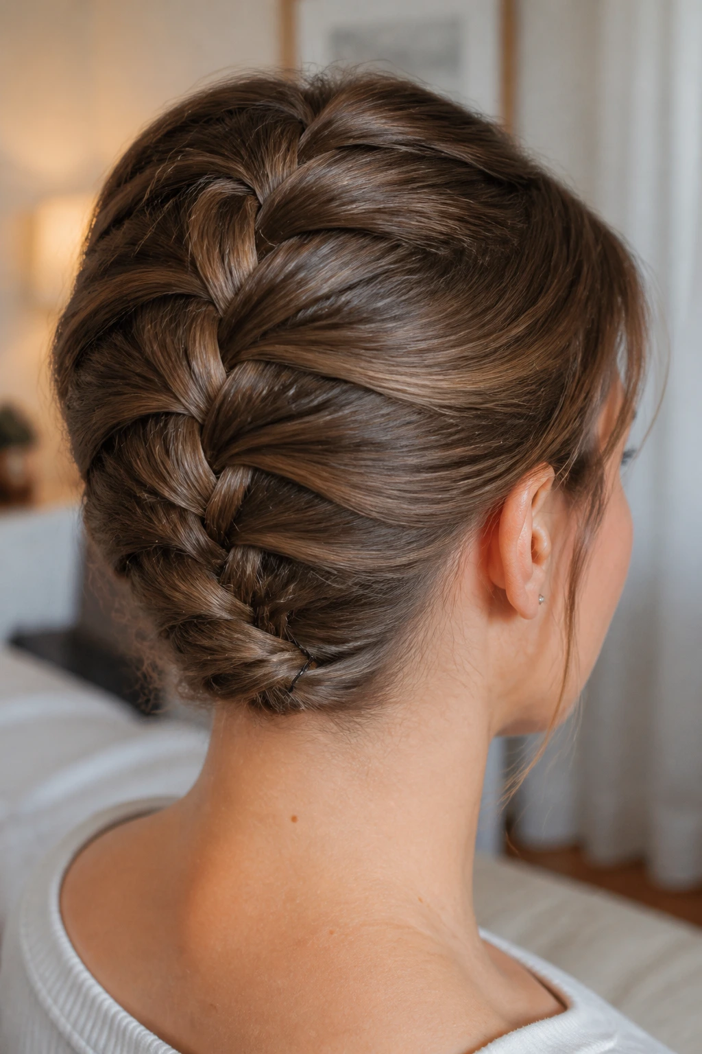 Back view of a real person showing twisted nape French braid.