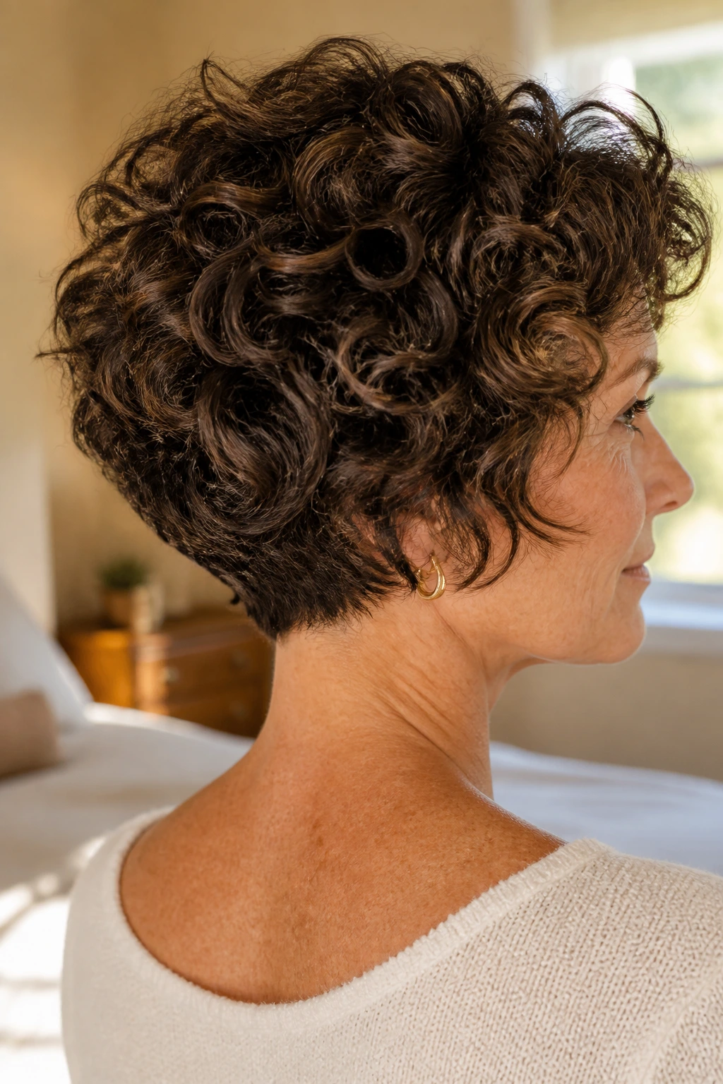 Close-up of a woman with a nape-grazing wedge cut for thick curls in warm window light