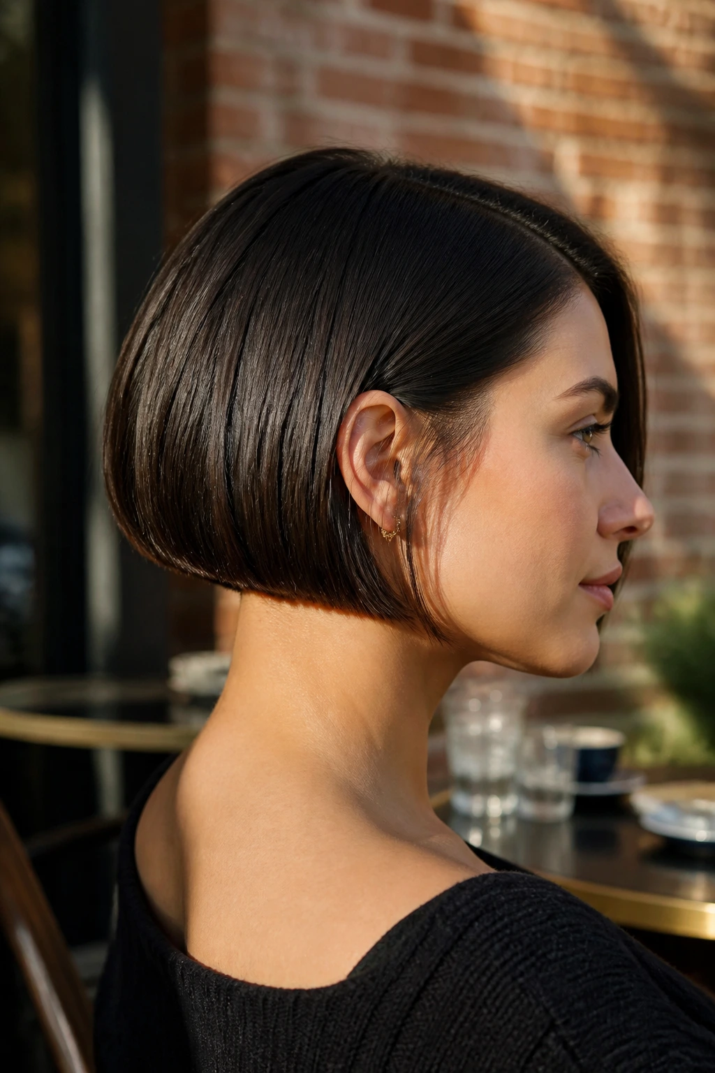 Profile of a real woman with a nape-hugging sharp bob outdoors