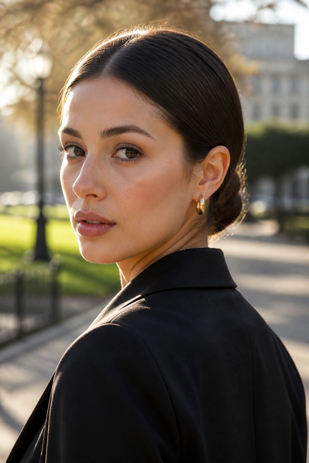 Close-up of a real woman with a nape-hugging chignon near the collar