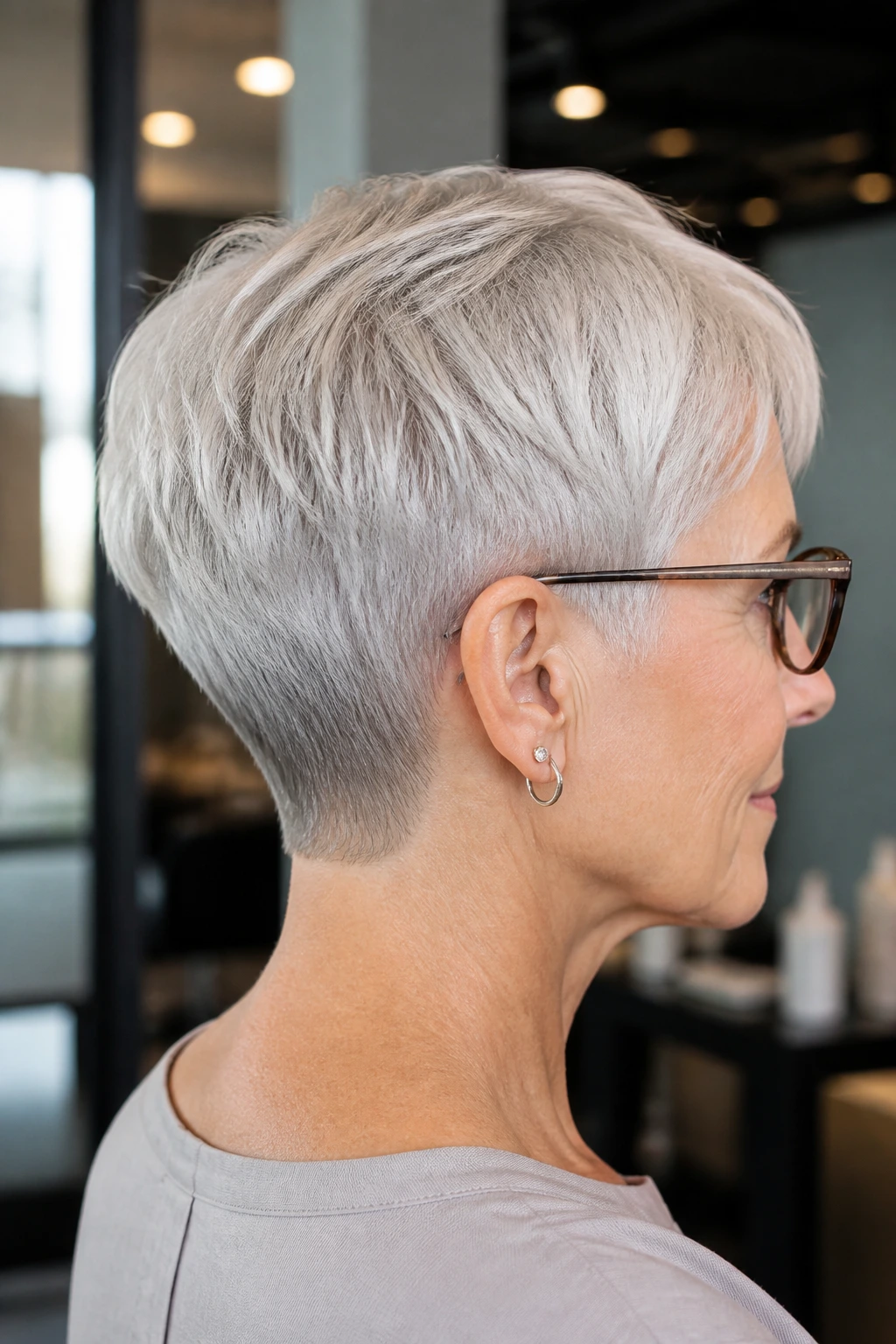 Close-up of a real person with a snow-gray nape-hugging crop and glasses