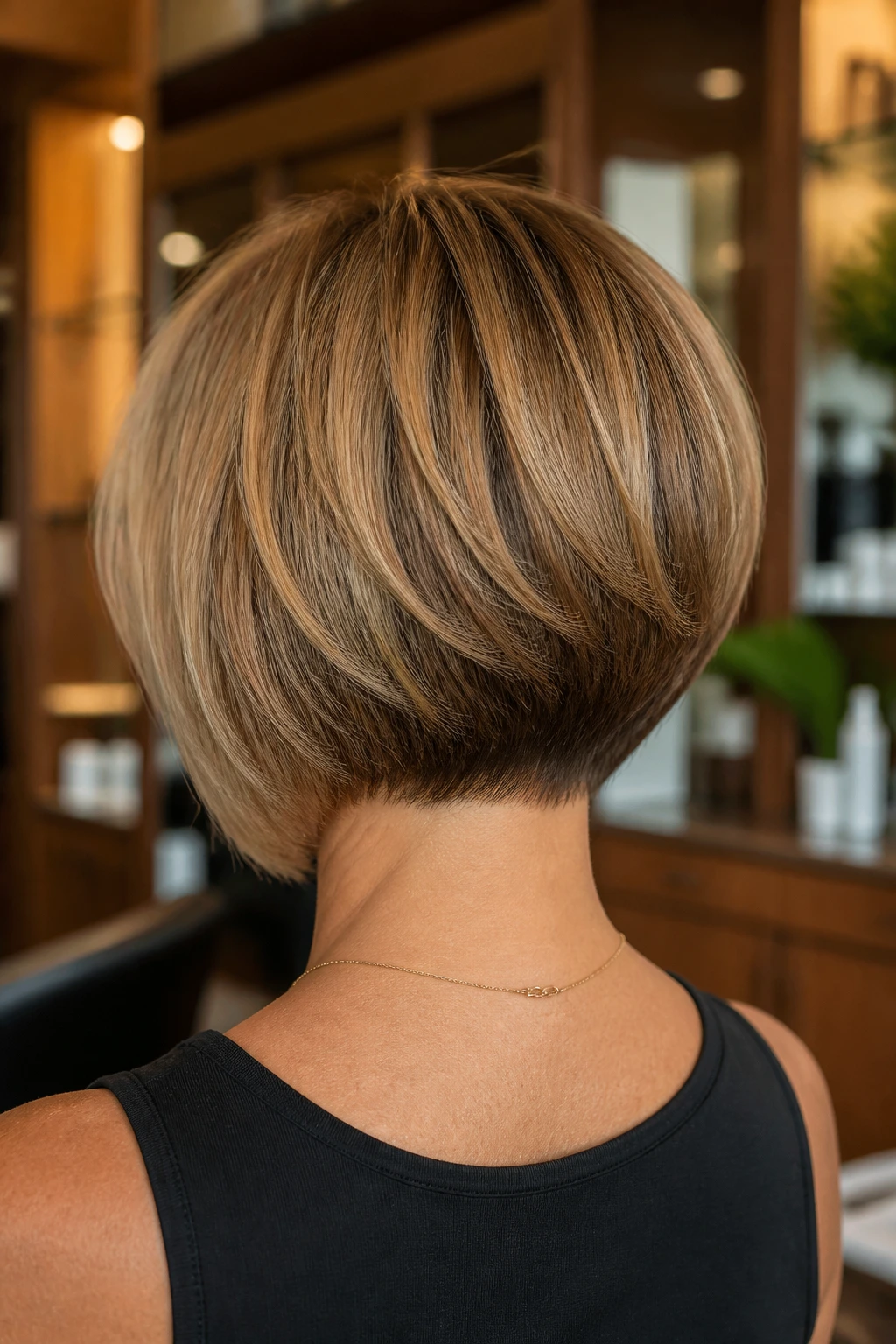 Back view of a real woman showing a nape-hugging graduated bob with a gentle crown lift.