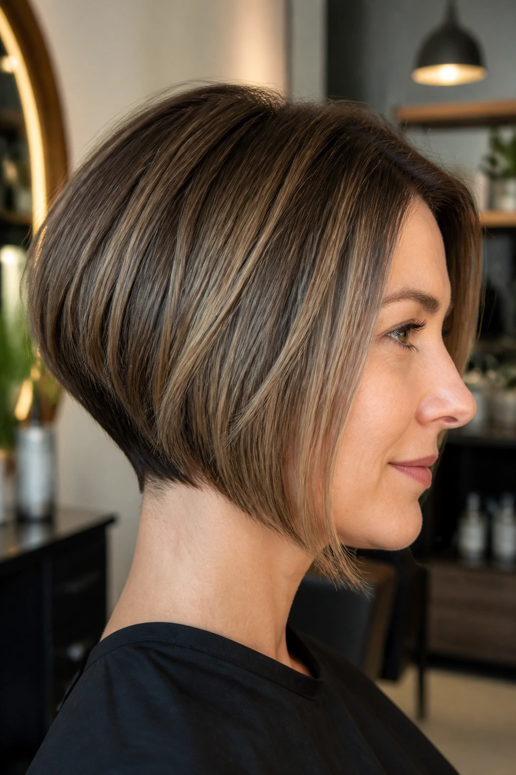 Close-up of a real woman with a nape-hugging graduated bob
