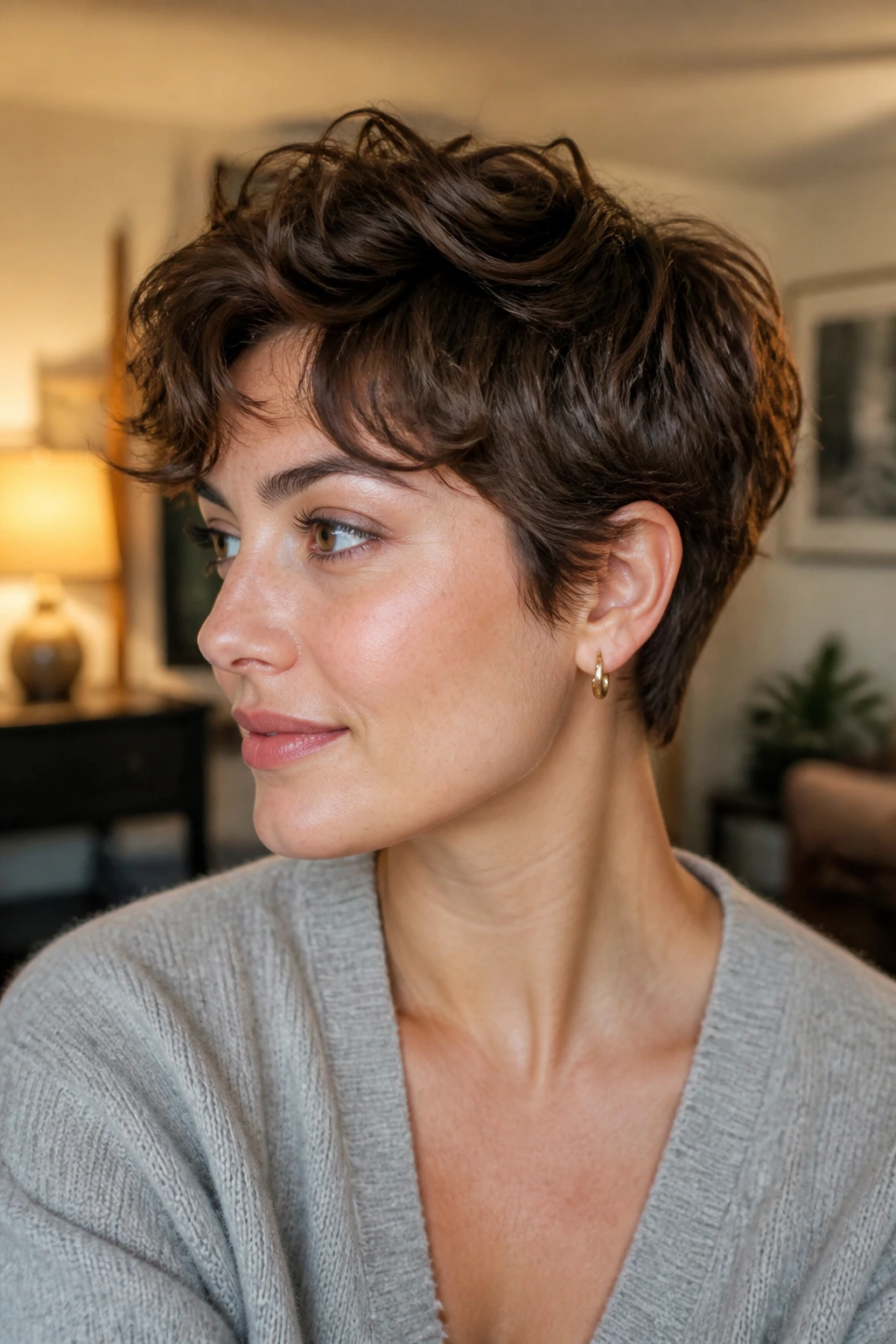 Close-up of real woman with grown-out nape-hugging pixie.