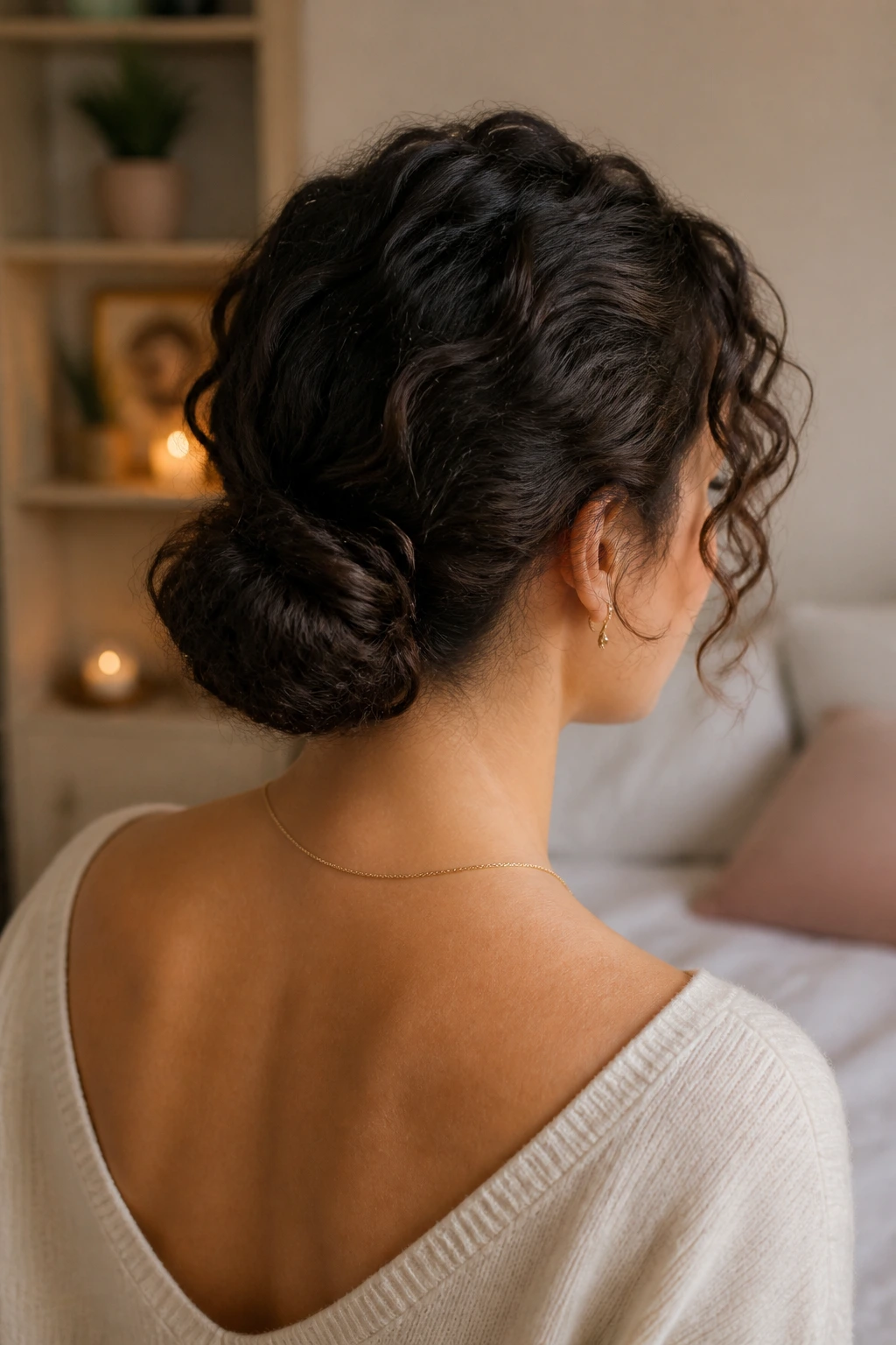 Rear view of a real woman wearing a low nape knot with hidden pins in curly hair.
