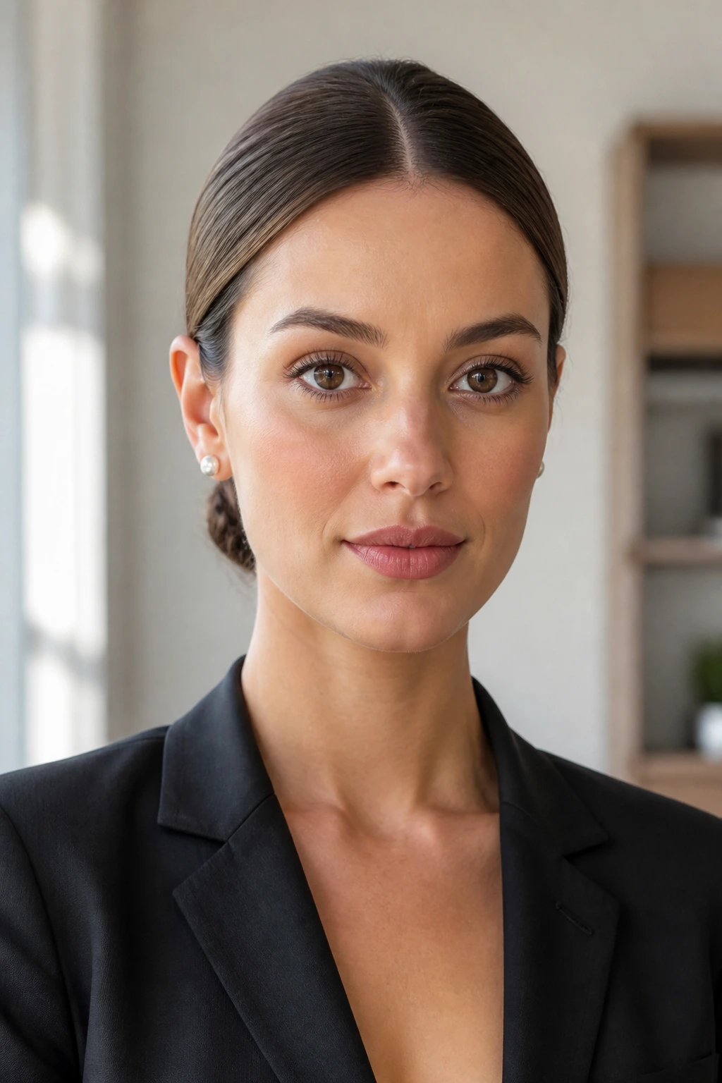 Close-up portrait of a woman showing a sleek modern nape knot at the nape.