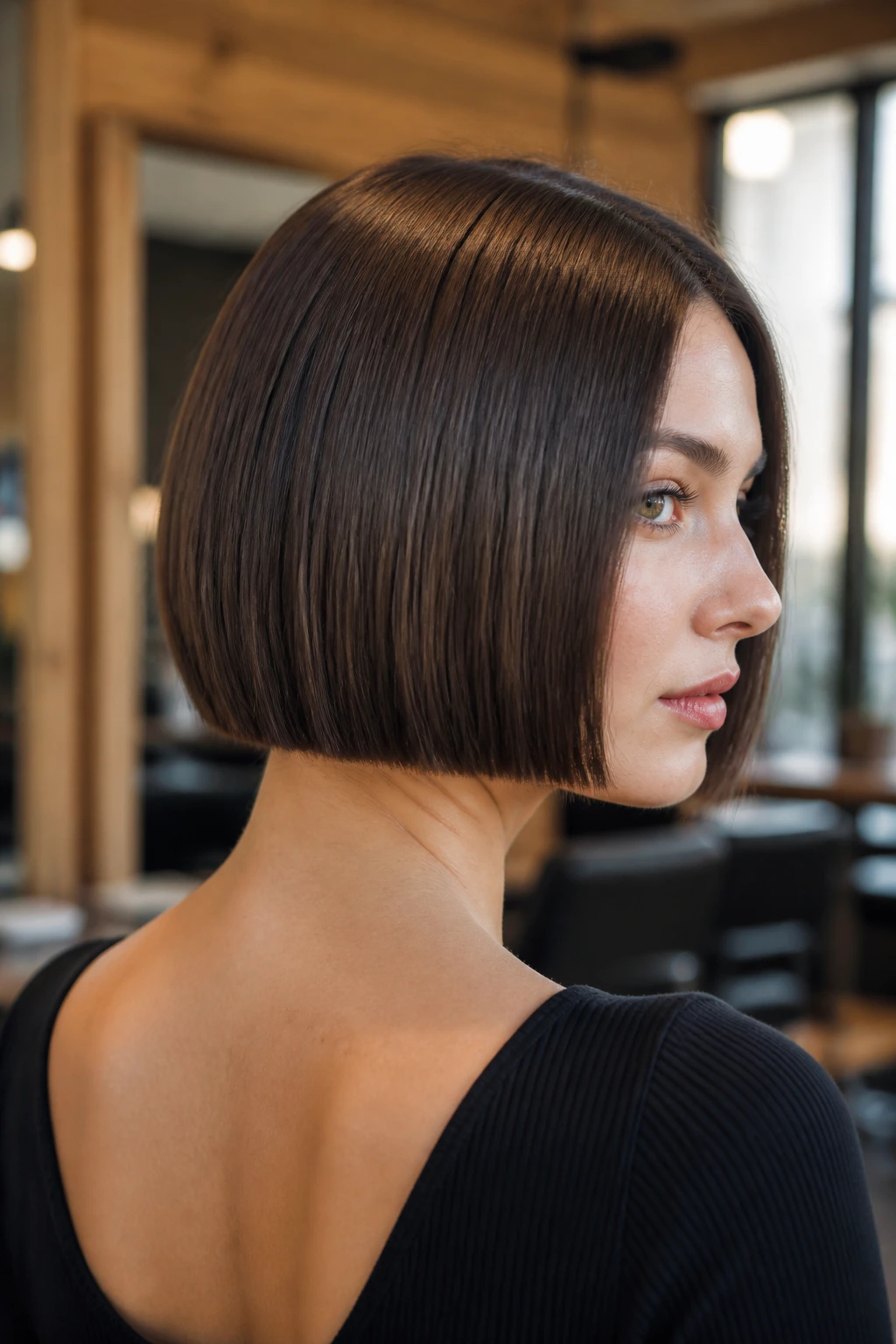 Close-up of real woman with nape-length power bob showing crisp hem in chic salon