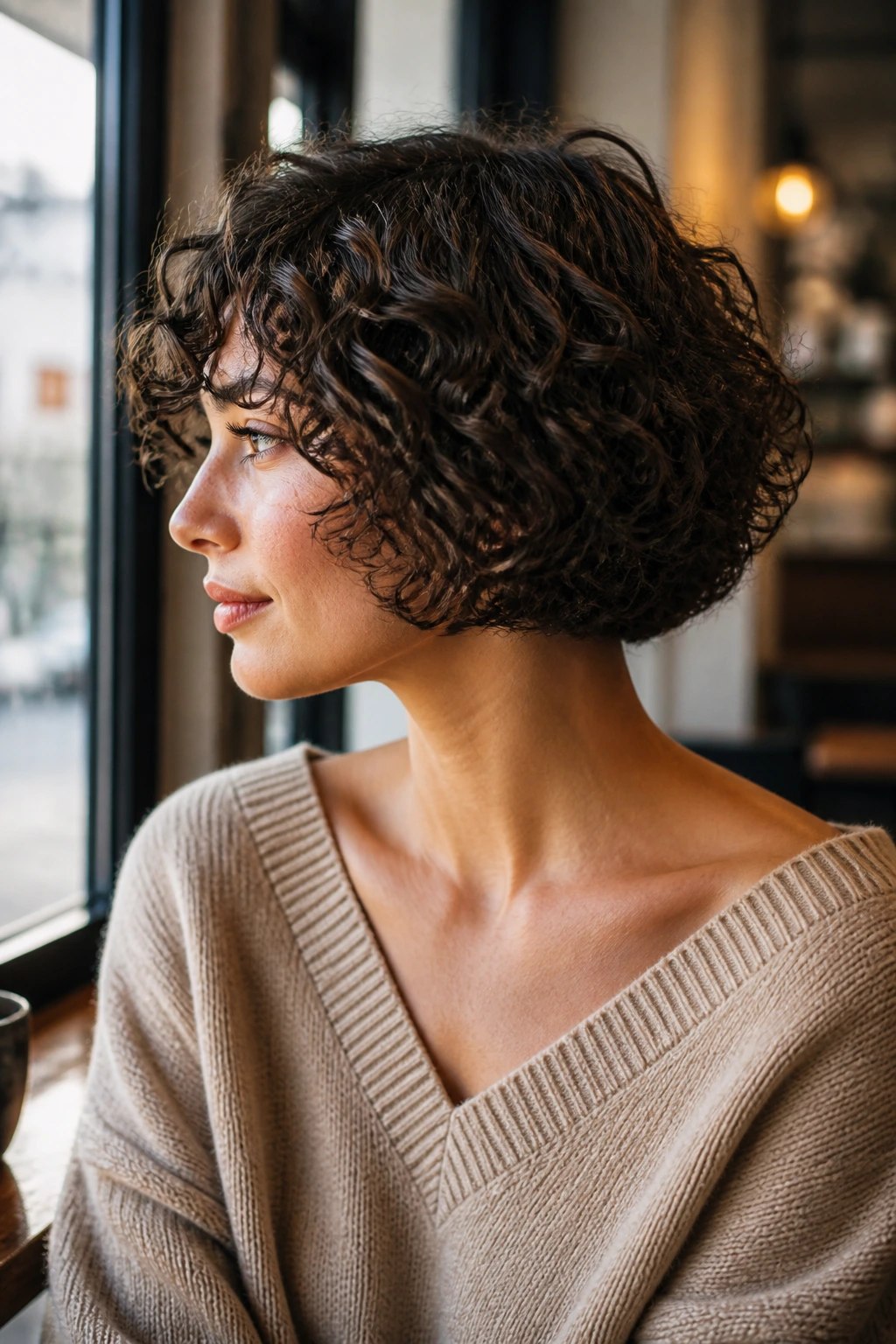 Close-up of a real woman with a nape-length rounded bob on curly hair in a cozy cafe