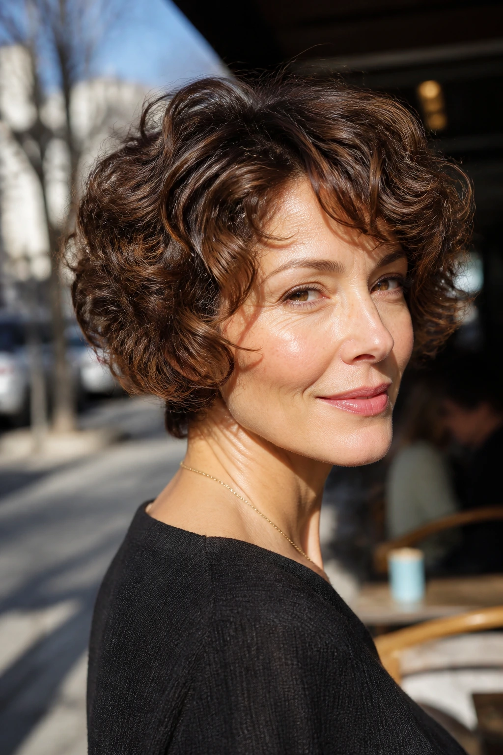 Real woman with nape-length shag and lifted sides