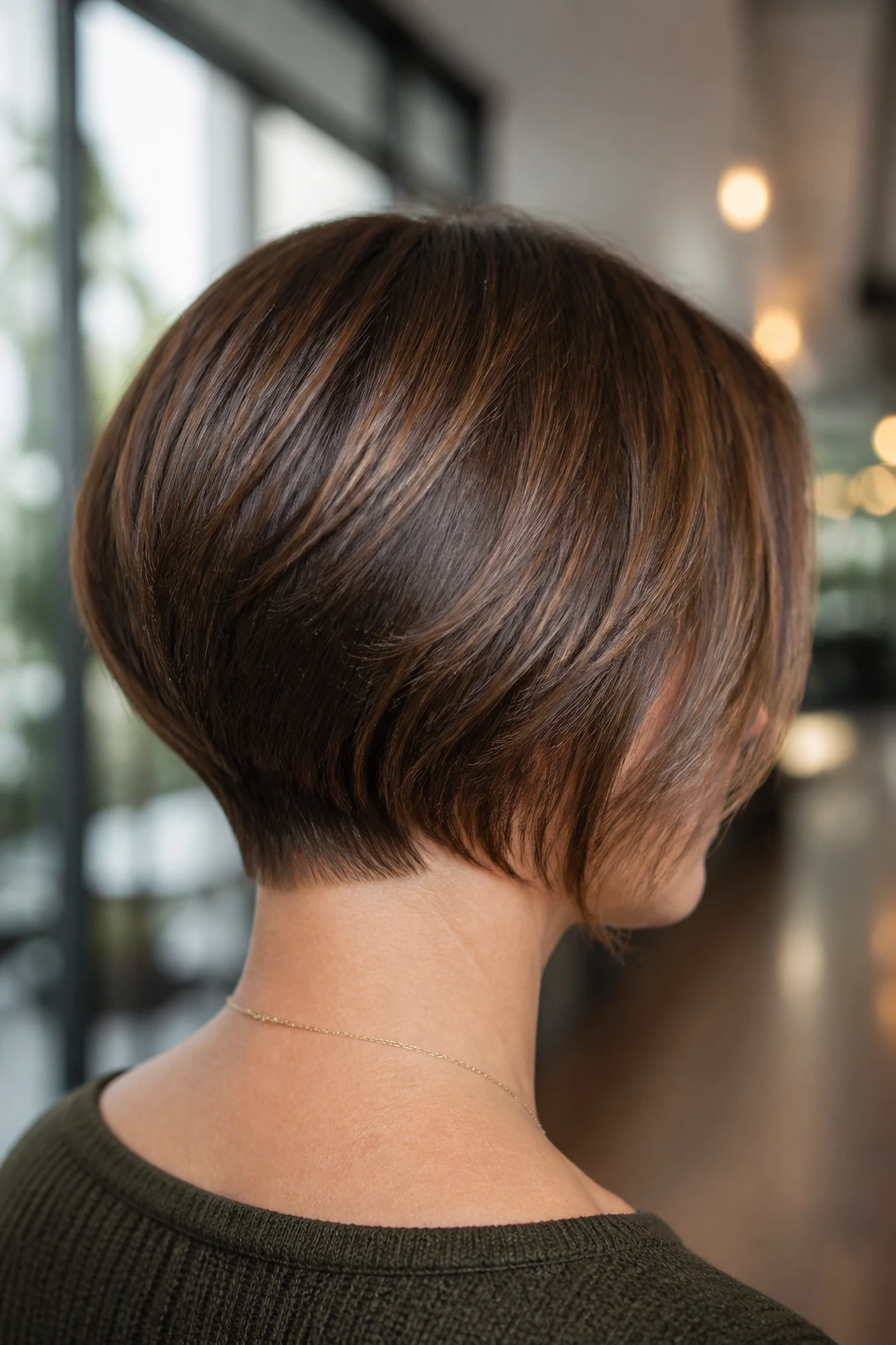 Back-view close-up of a real woman showing a nape-lift bob silhouette.