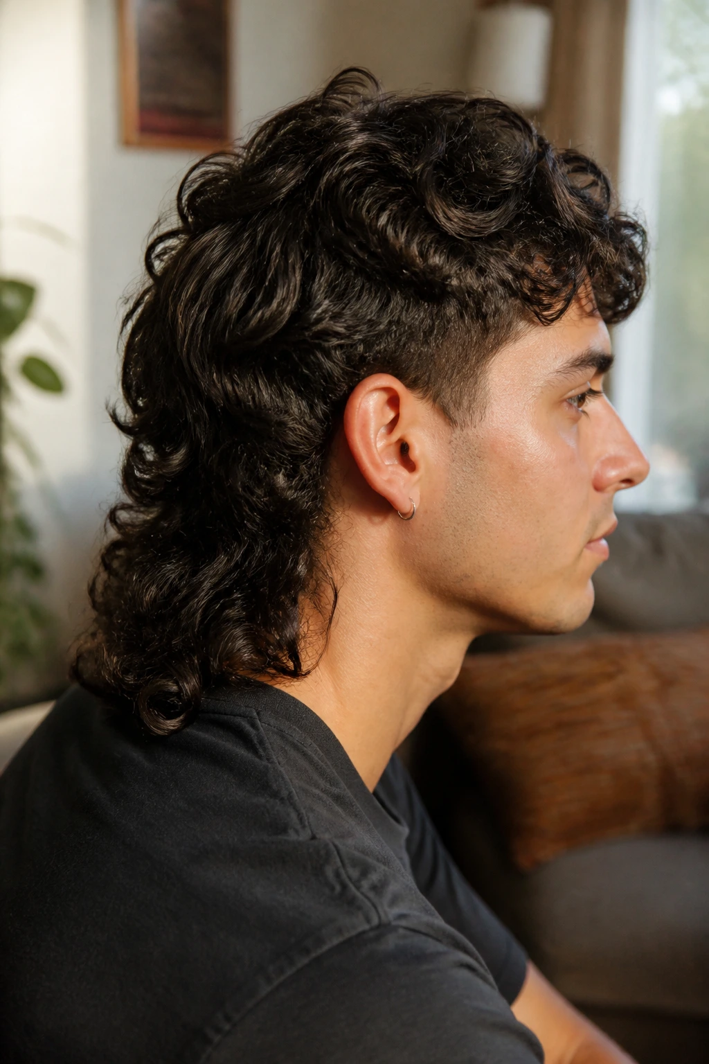 Close-up portrait of a real person with nape-long mullet and longer back.
