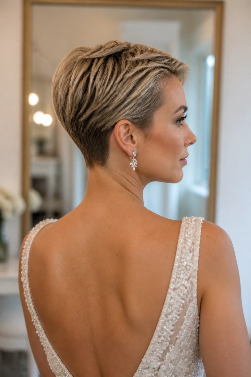 Bride with sculpted nape pixie and open-back dress