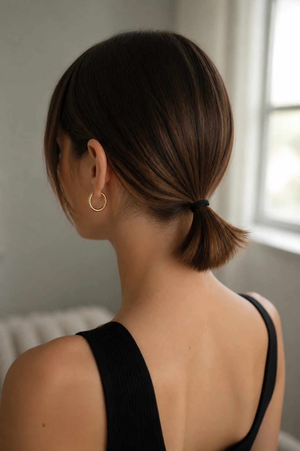 Rear view of a minimalist nape pony at the back of the neck