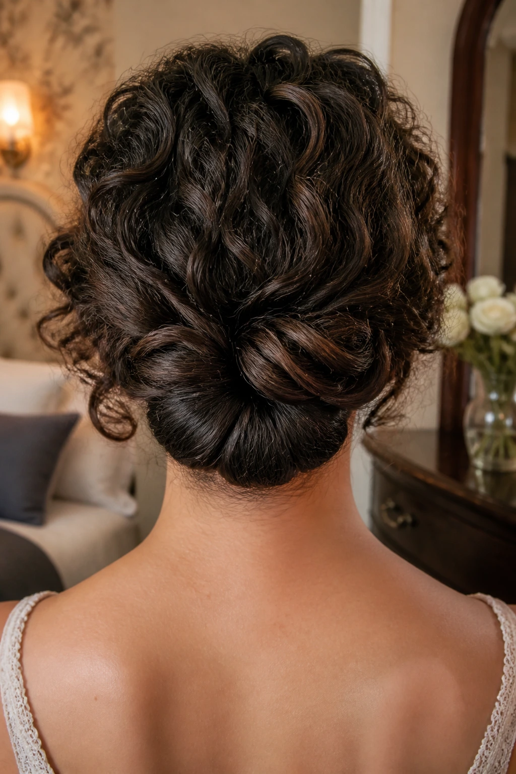 Back-of-head close-up of a real woman with a low nape shell twist