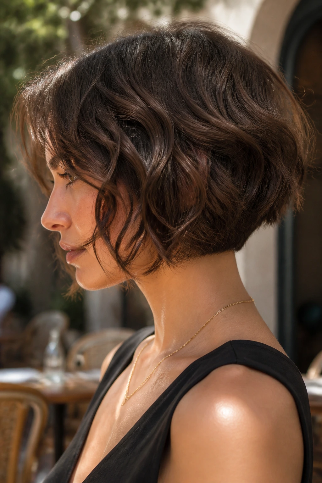 Close-up of a woman with nape-short graduated bob in sunny outdoor cafe setting.