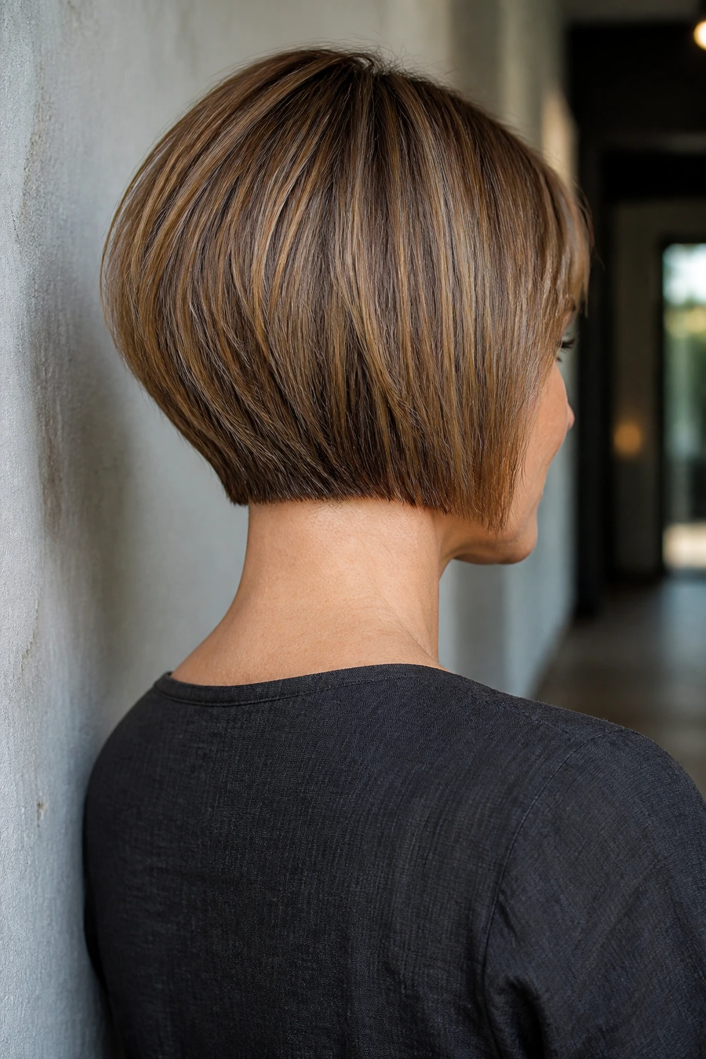 Rear three-quarter portrait of a real woman with a nape-short stacked bob