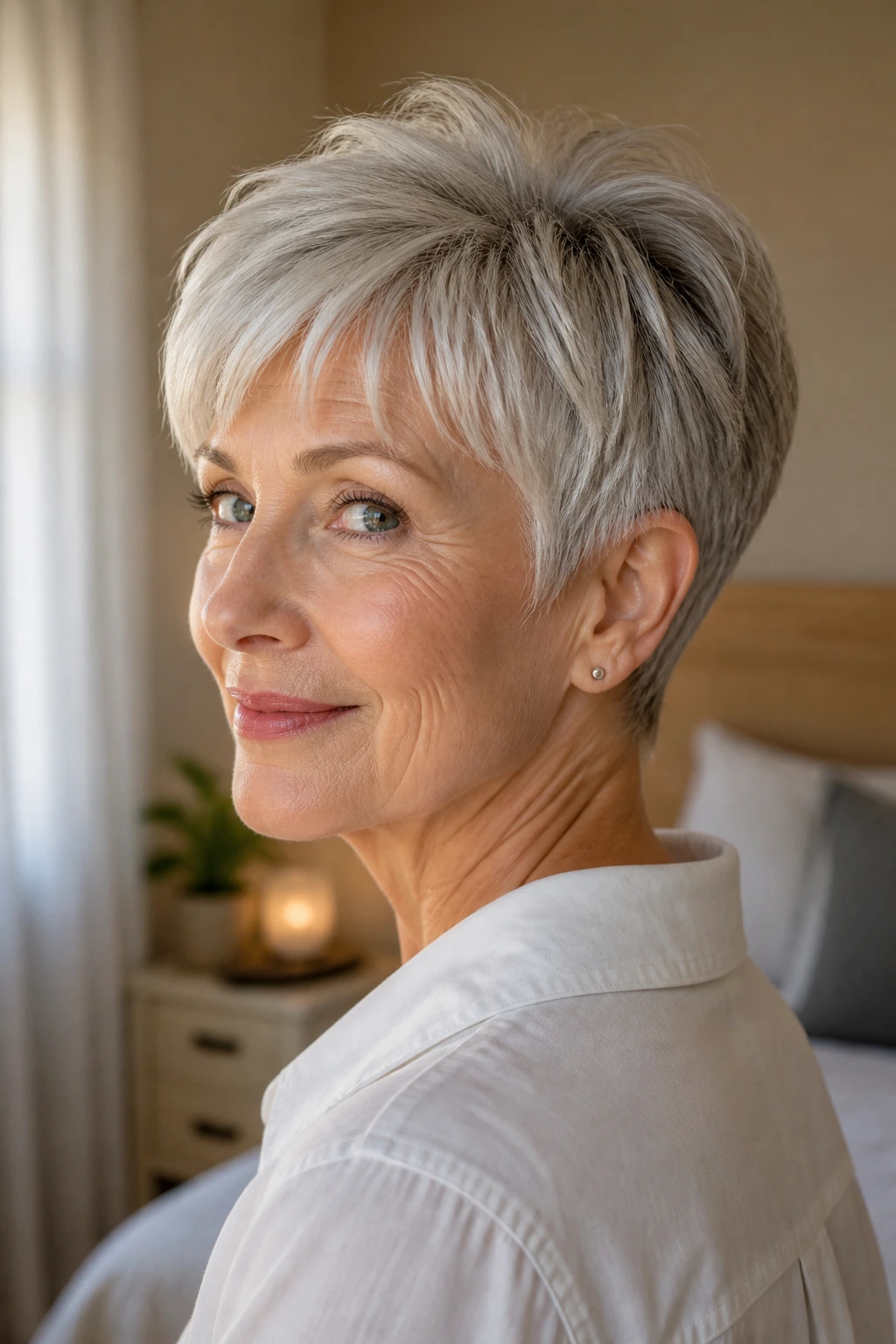 Close-up portrait of a real woman with a nape-soft pixie and a gentle neck taper.