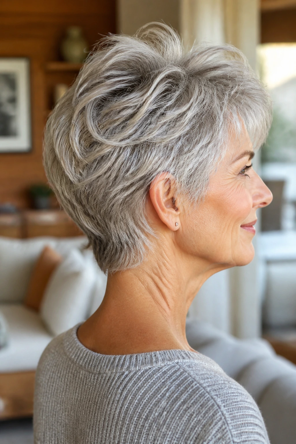 Close-up of a real woman with nape-soft shag and lifted crown