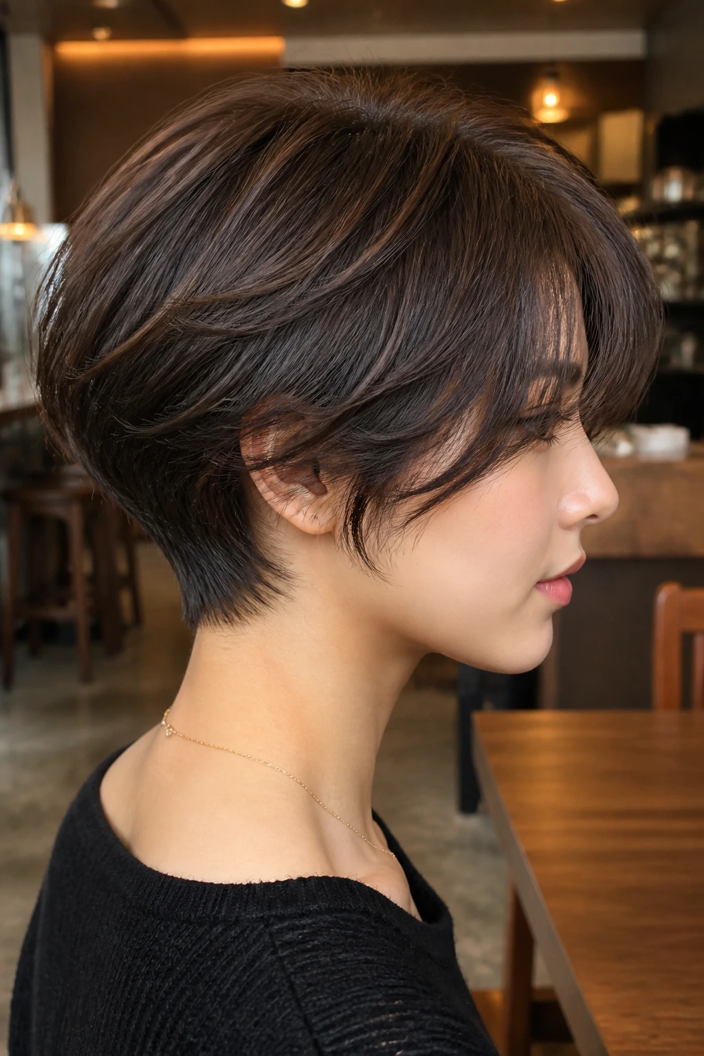 Profile portrait of real woman with Nape-Softened Short Butterfly showing tapered nape and soft top layers