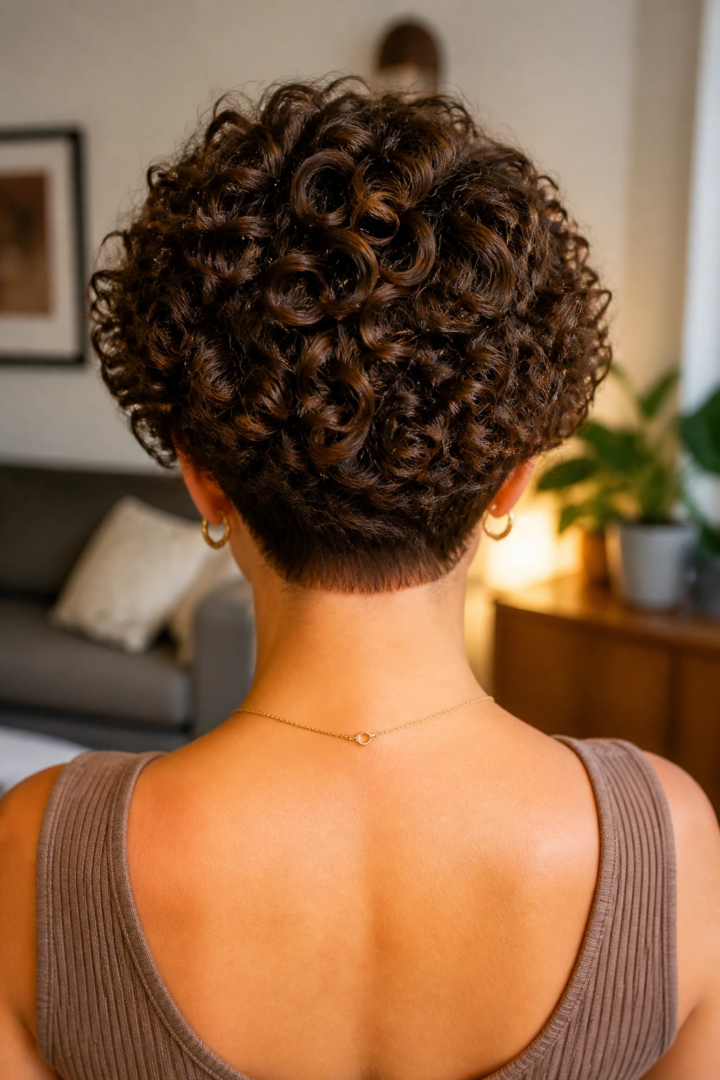 Back view of a real person with a stacked curly cut showing the nape.