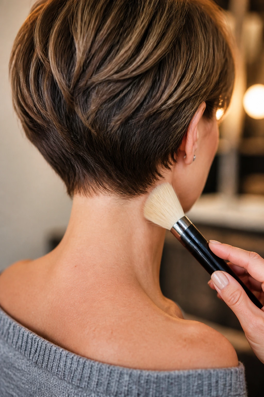 Close-up of nape area of a real person with stacked bob looking neat and tidy between salon visits.