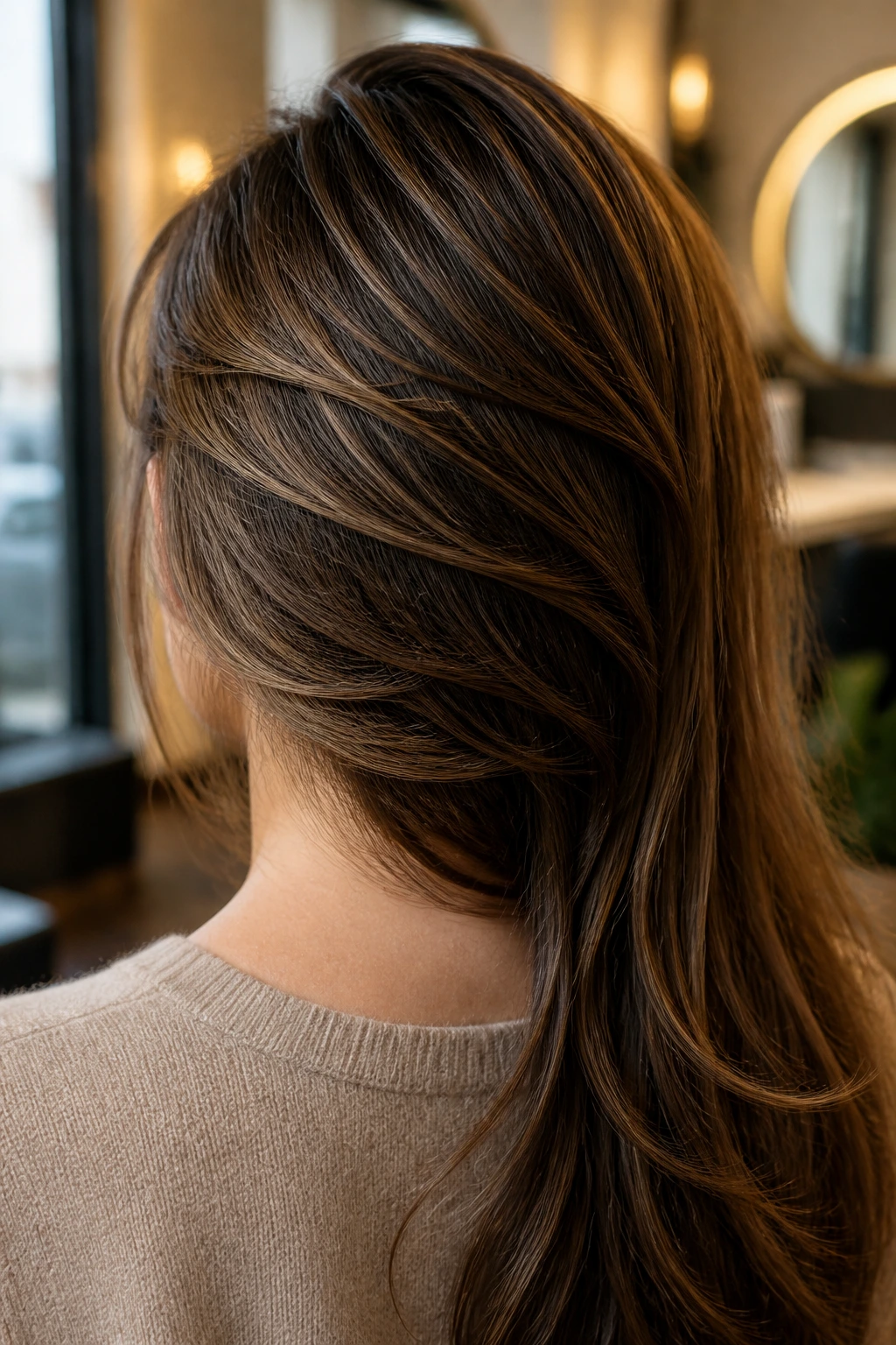 Back-of-head close-up of a real woman showing nape-stacked volume layers in a salon