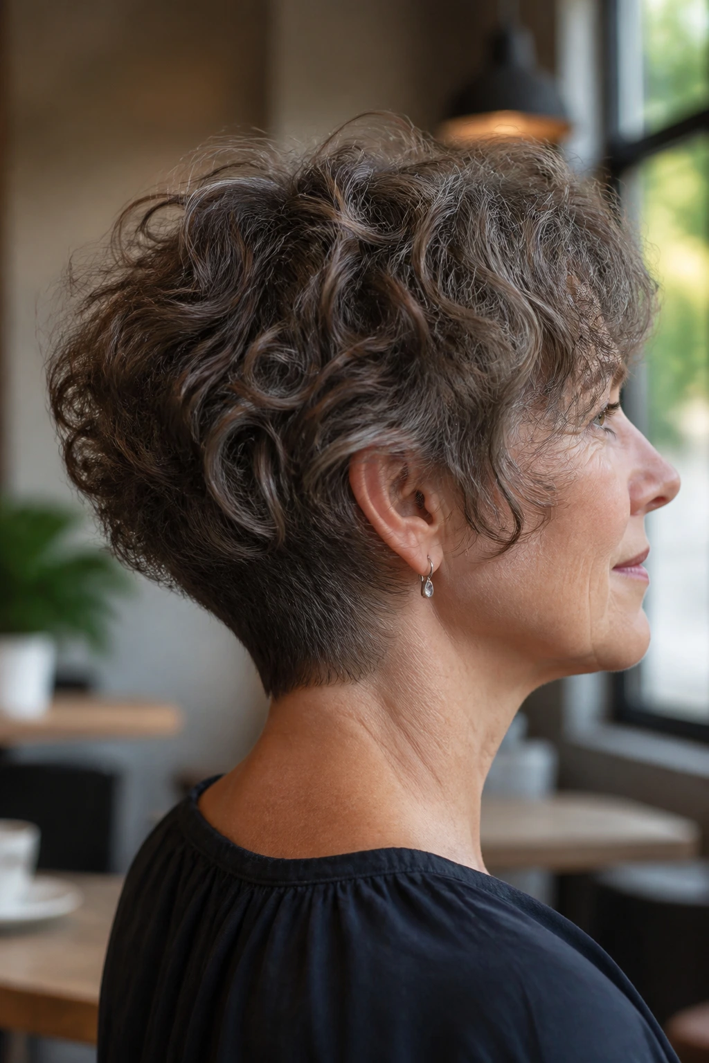 Profile of real woman with nape-tapered curly shag showing tapered neckline