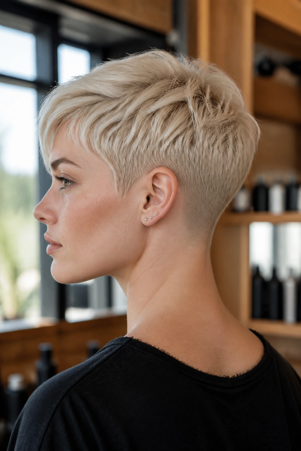 Close-up portrait of a real person with a nape-taper platinum crop in a salon setting