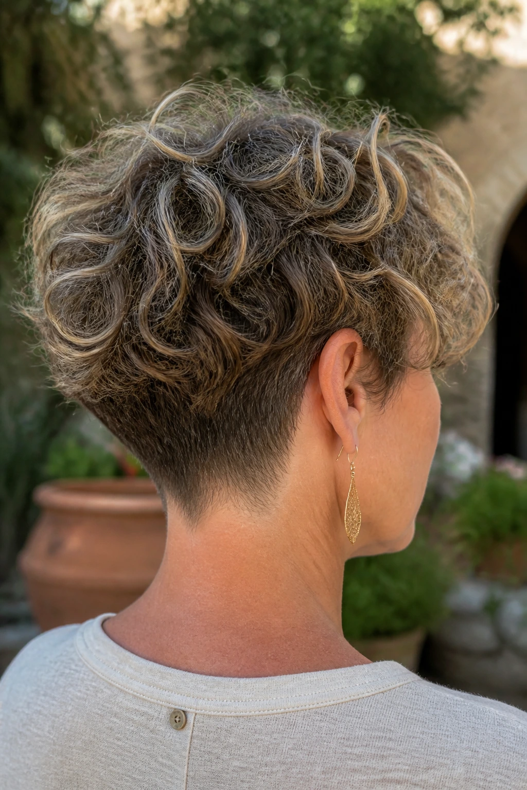 Rear view of real woman showing cropped nape-taper shag with fluffy crown.