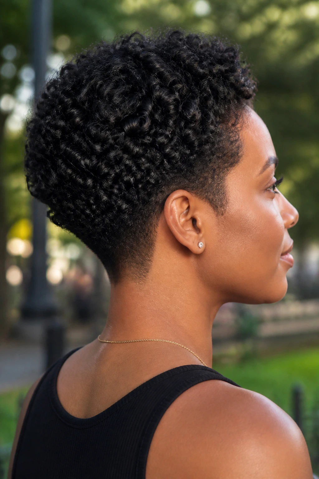 Profile view of a real Black woman's nape-tapered curly cut showing a clean back neckline