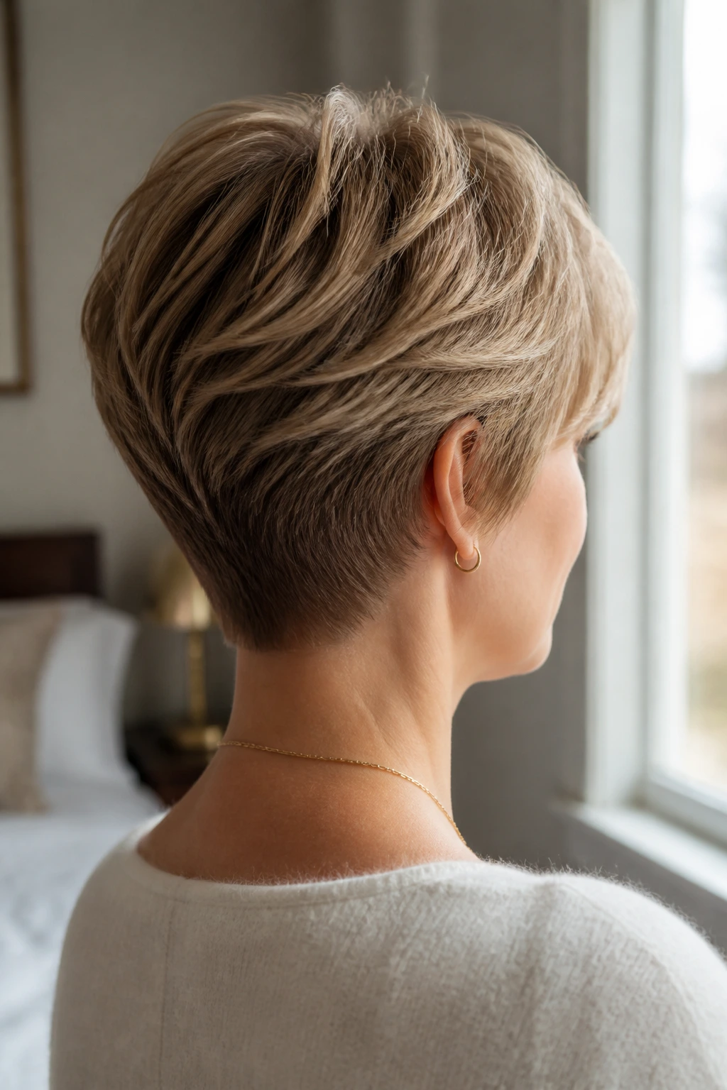 Rear three-quarter view of a woman with a soft nape-tapered feathered crop