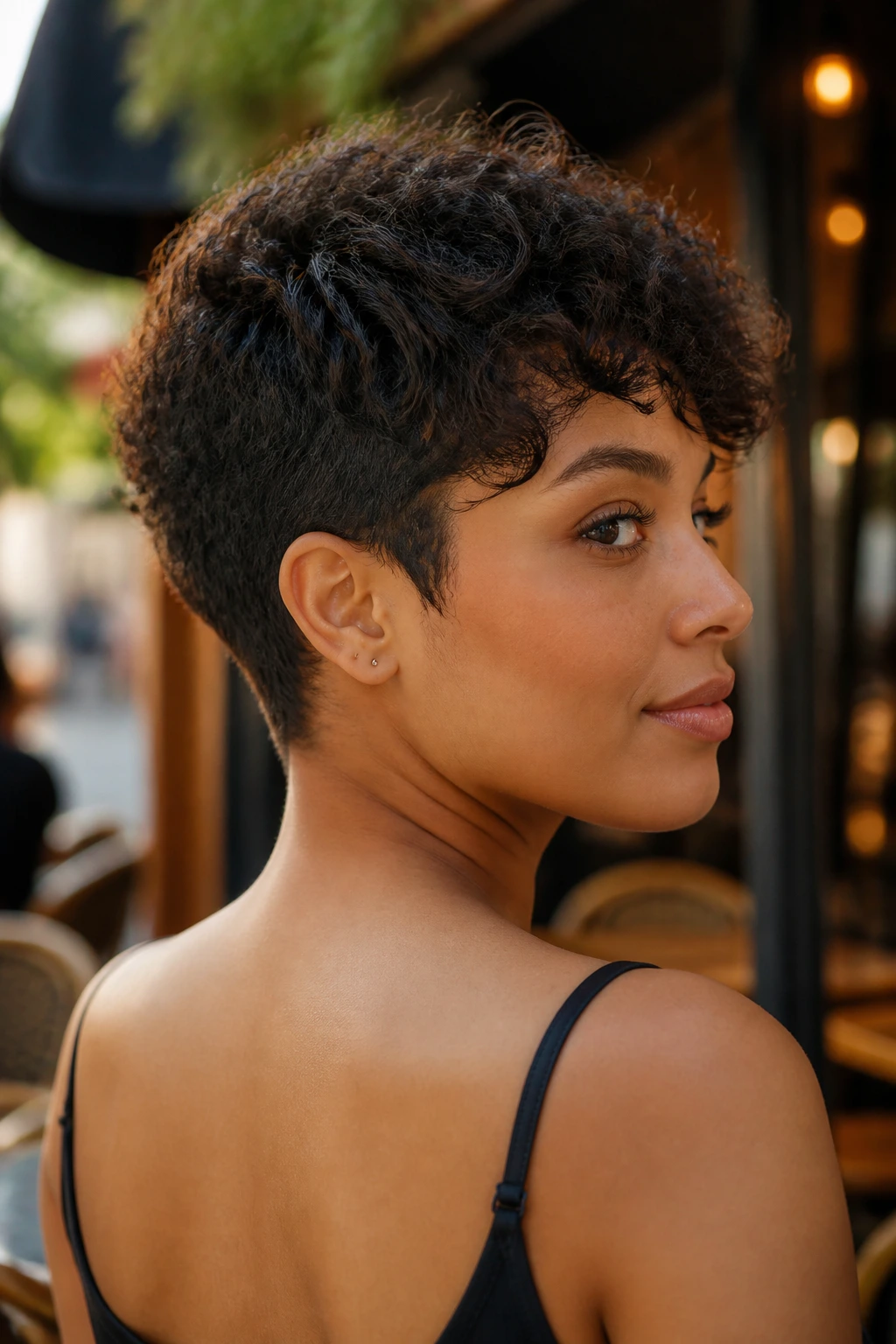 Close-up of a real woman with a neat nape-tapered pixie in warm street light.