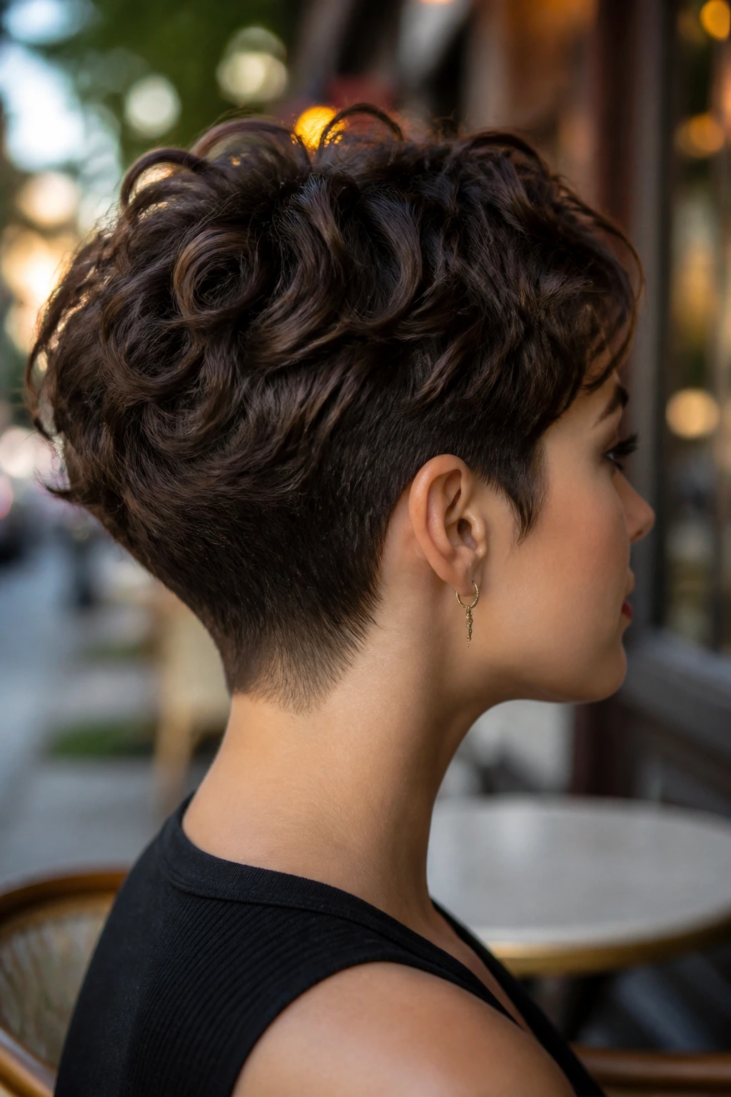 Close-up of a real person with a nape-tapered pixie hairstyle against a cafe backdrop