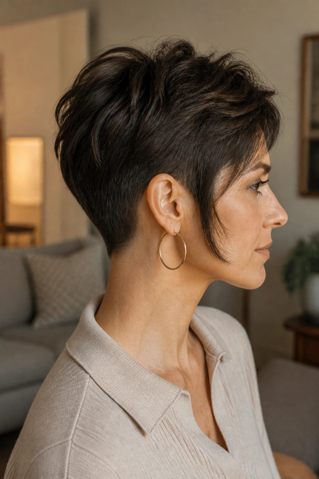 Profile of real person with nape-tapered pixie and long sideburns