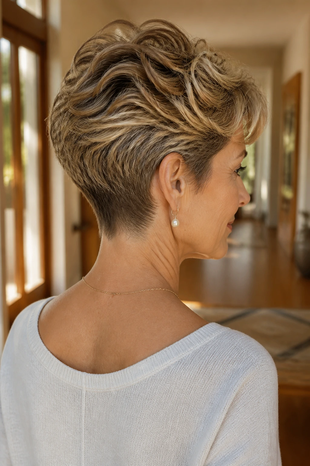 Rear three-quarter portrait of a real woman with nape-tapered pixie and long top