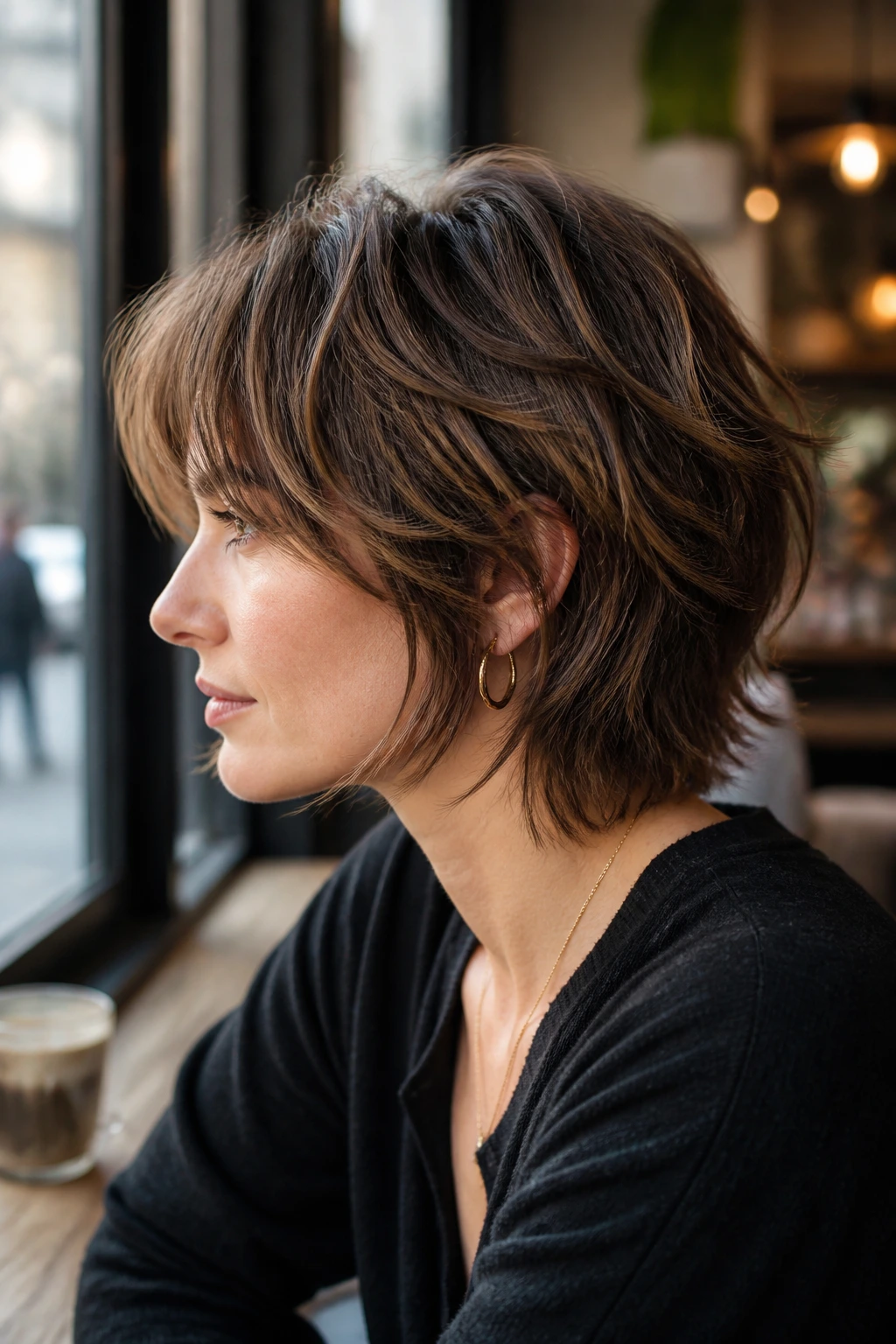 Side-profile of a real woman with a nape-tapered shag and soft fringe
