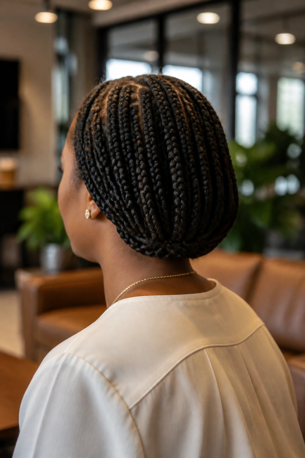 Rear three-quarter view of a real woman with tucked-under ends at the nape