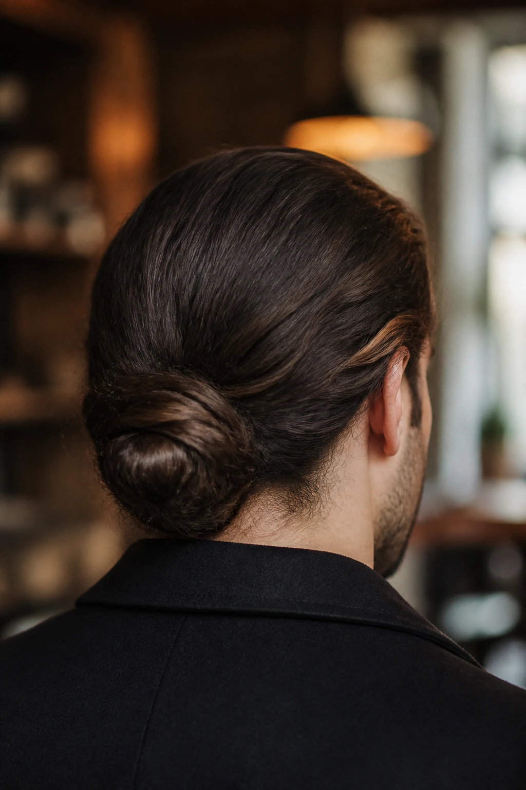 Back-of-head view of a man with a nape-tucked bun.