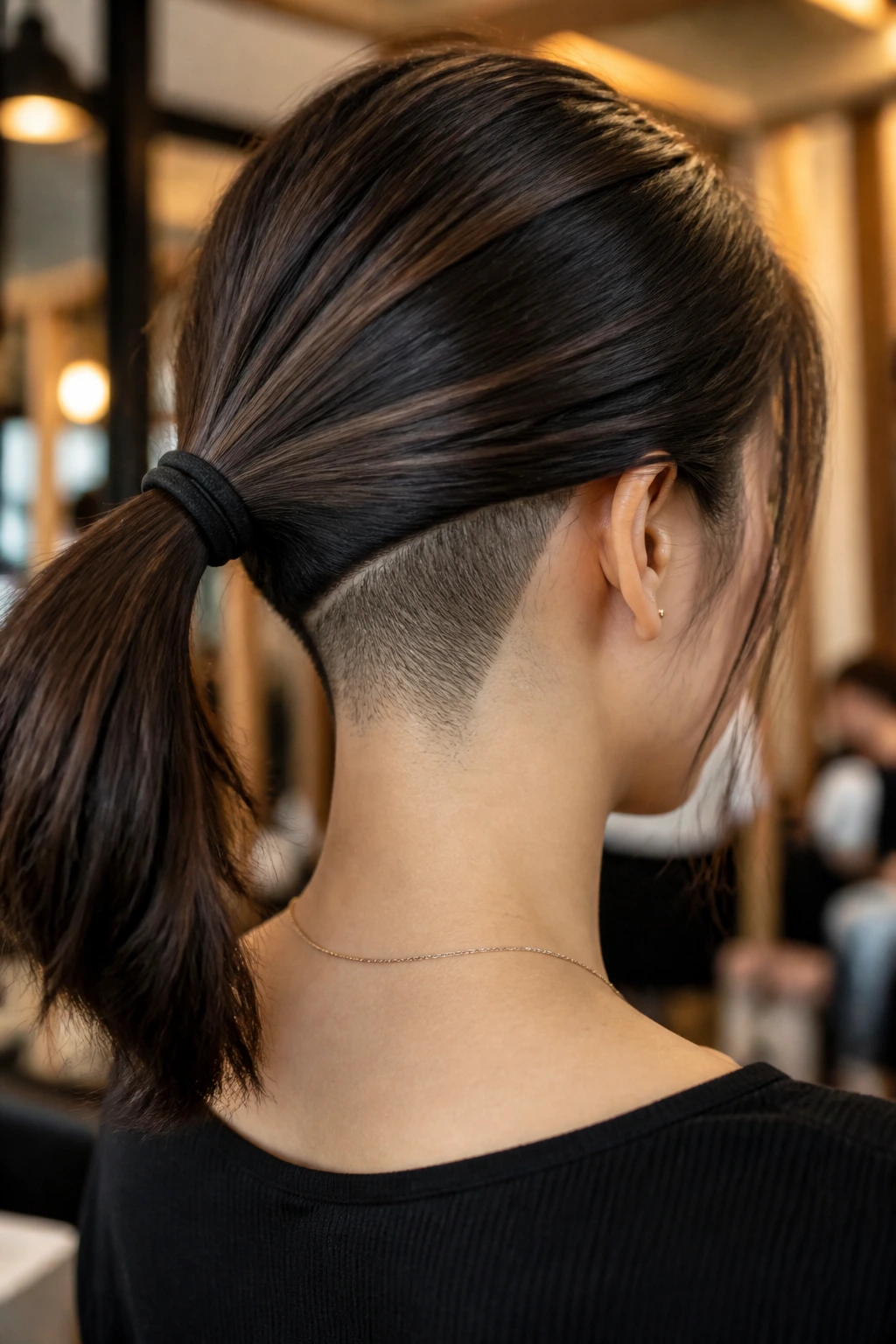 Rear view of Asian woman's nape with hidden undercut revealed by ponytail