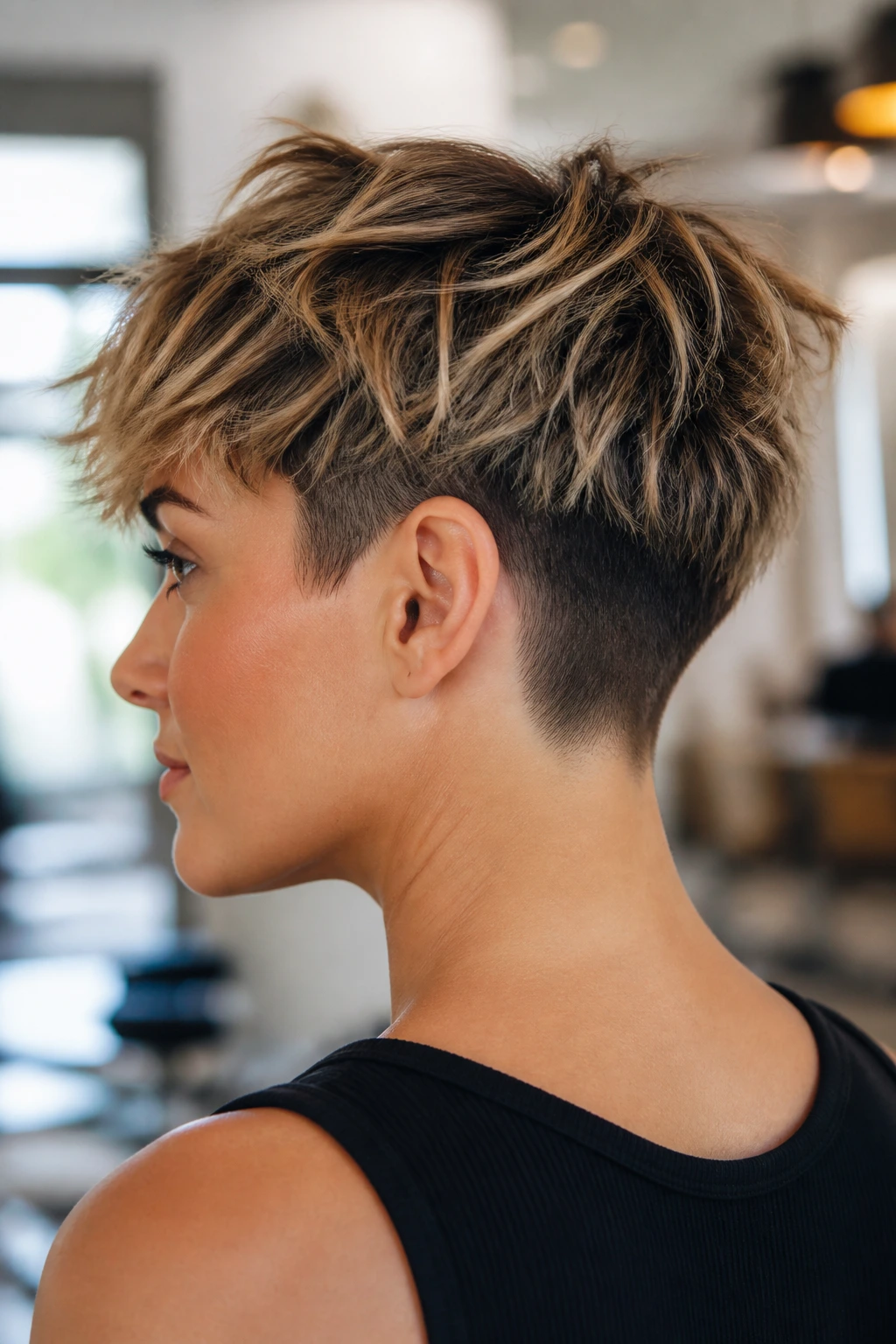 Portrait of a woman with nape undercut and choppy ends on a bixie