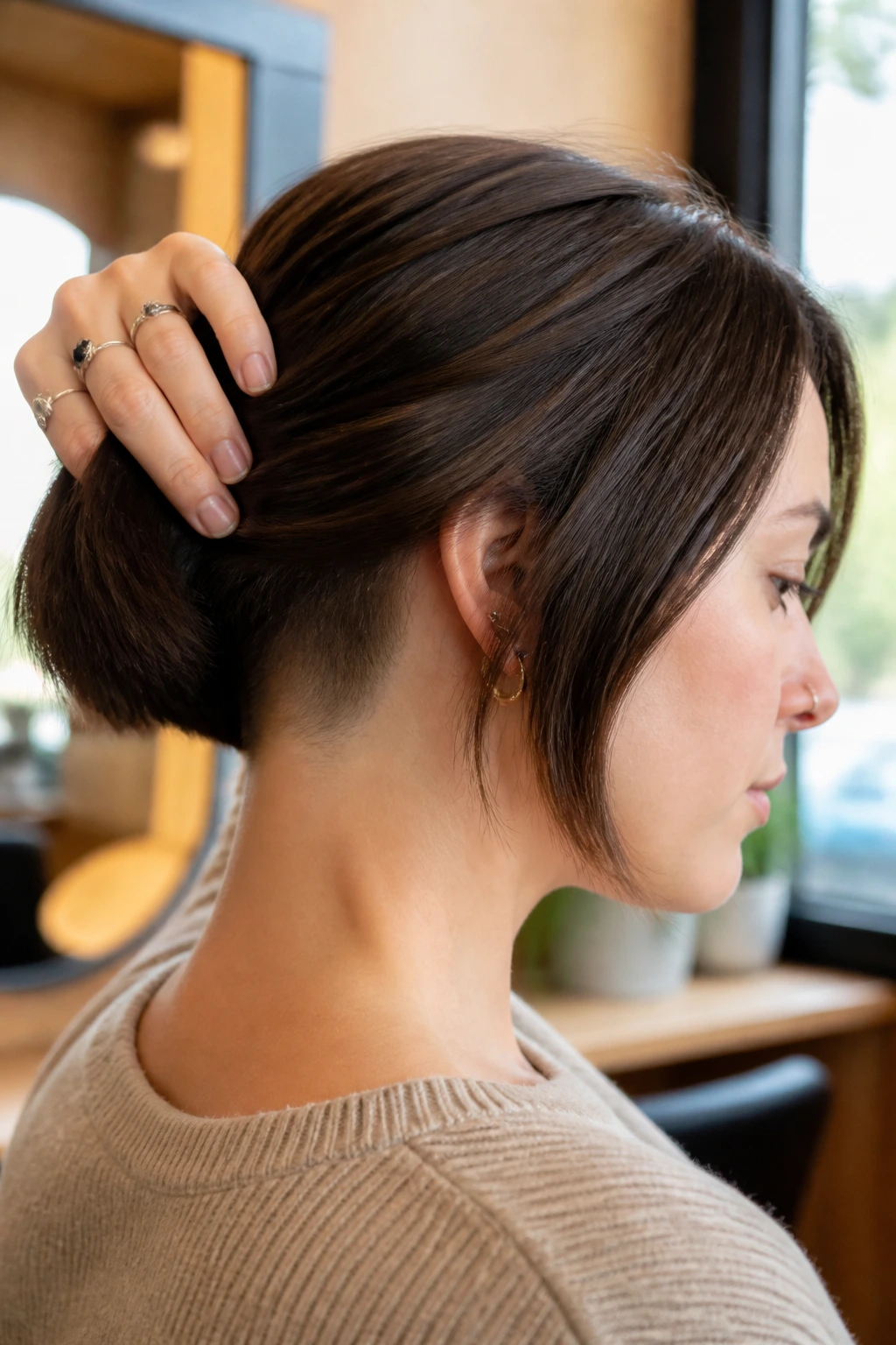 Close up of real person with bob showing hidden nape undercut at the neck