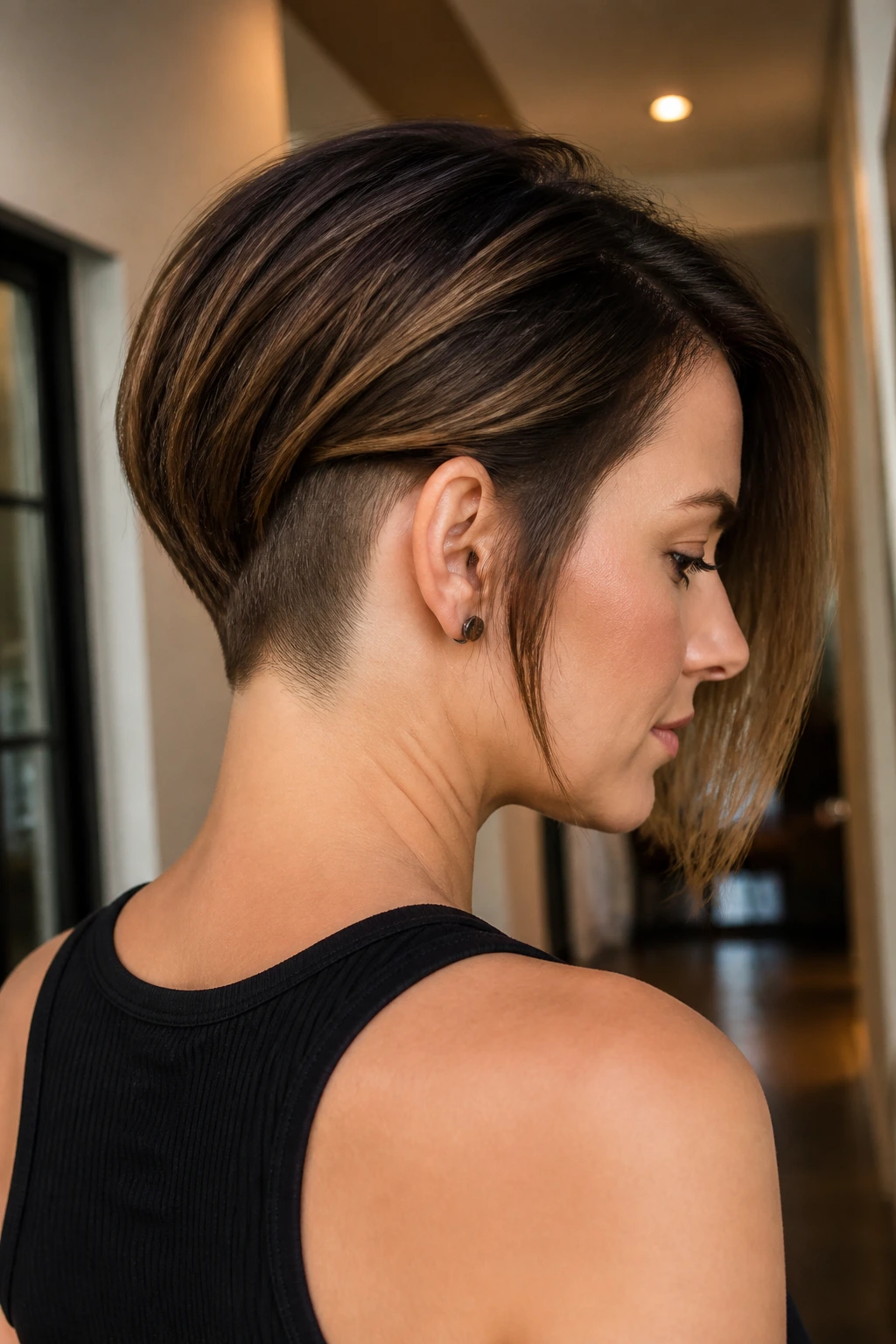 Profile close-up of a woman with nape undercut bob in a warm hallway